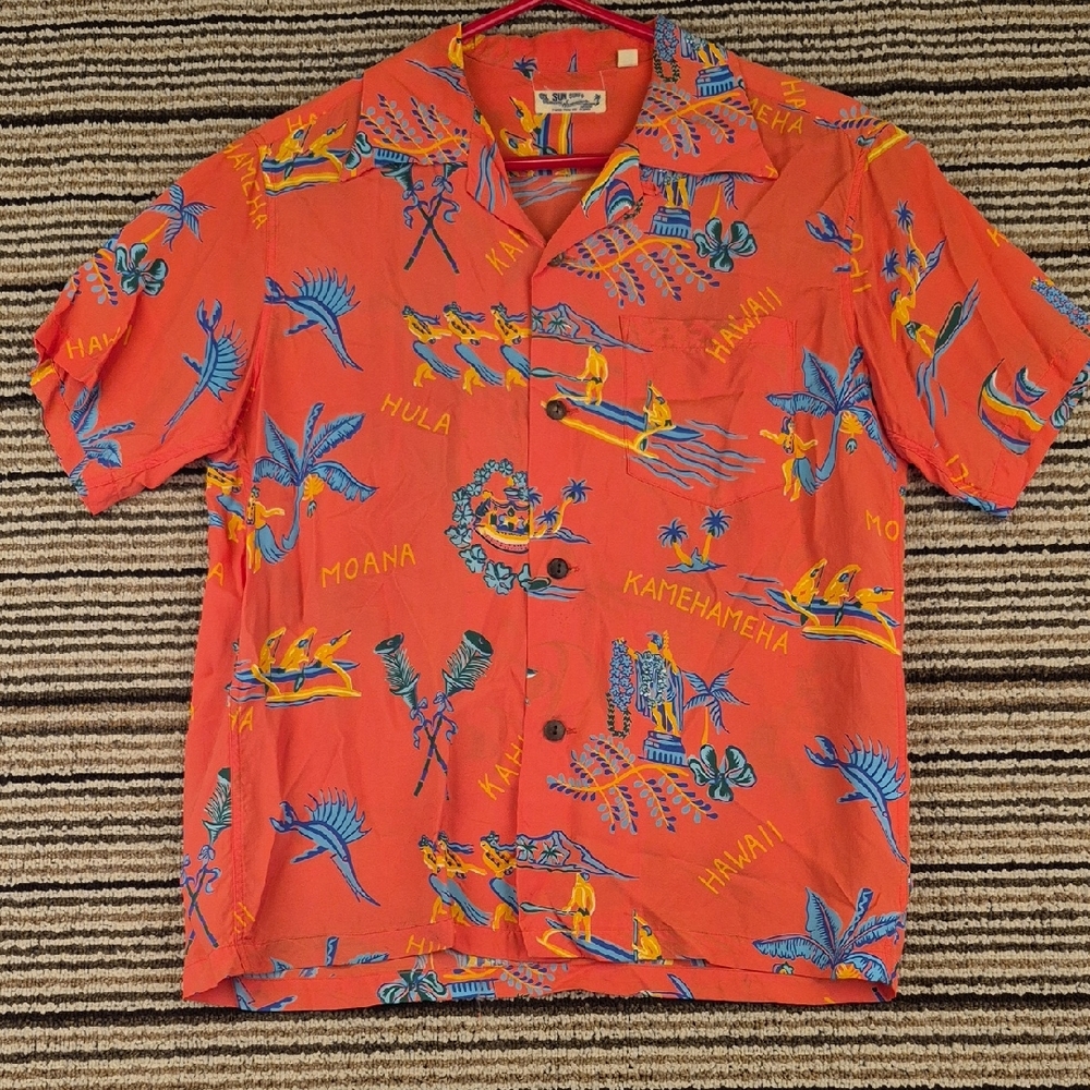 SUN SURF Japan Hot Orange Aloha Sz S‎ Button Down Hawaiian Shirt SS37775 RARE